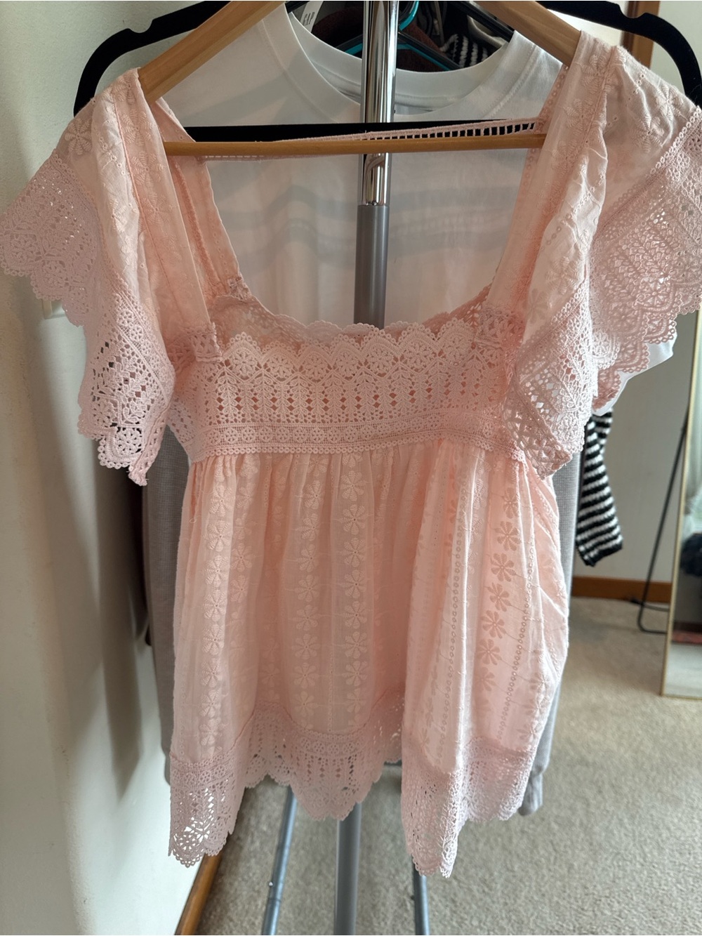 Ellison Blush Pink Lace Eyelet Square-Neck Blouse